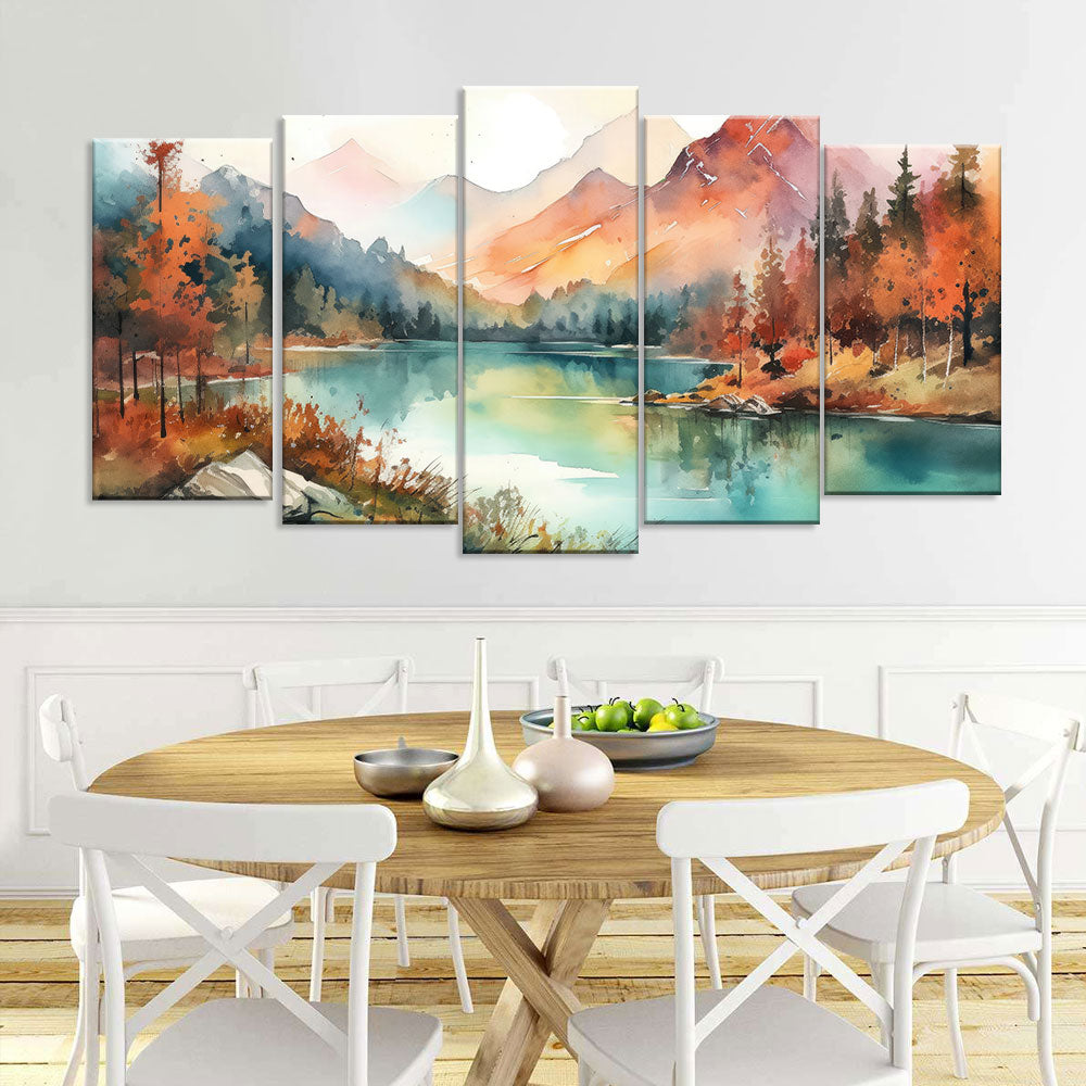 Watercolor Mountain and Lake View Canvas Wall Art