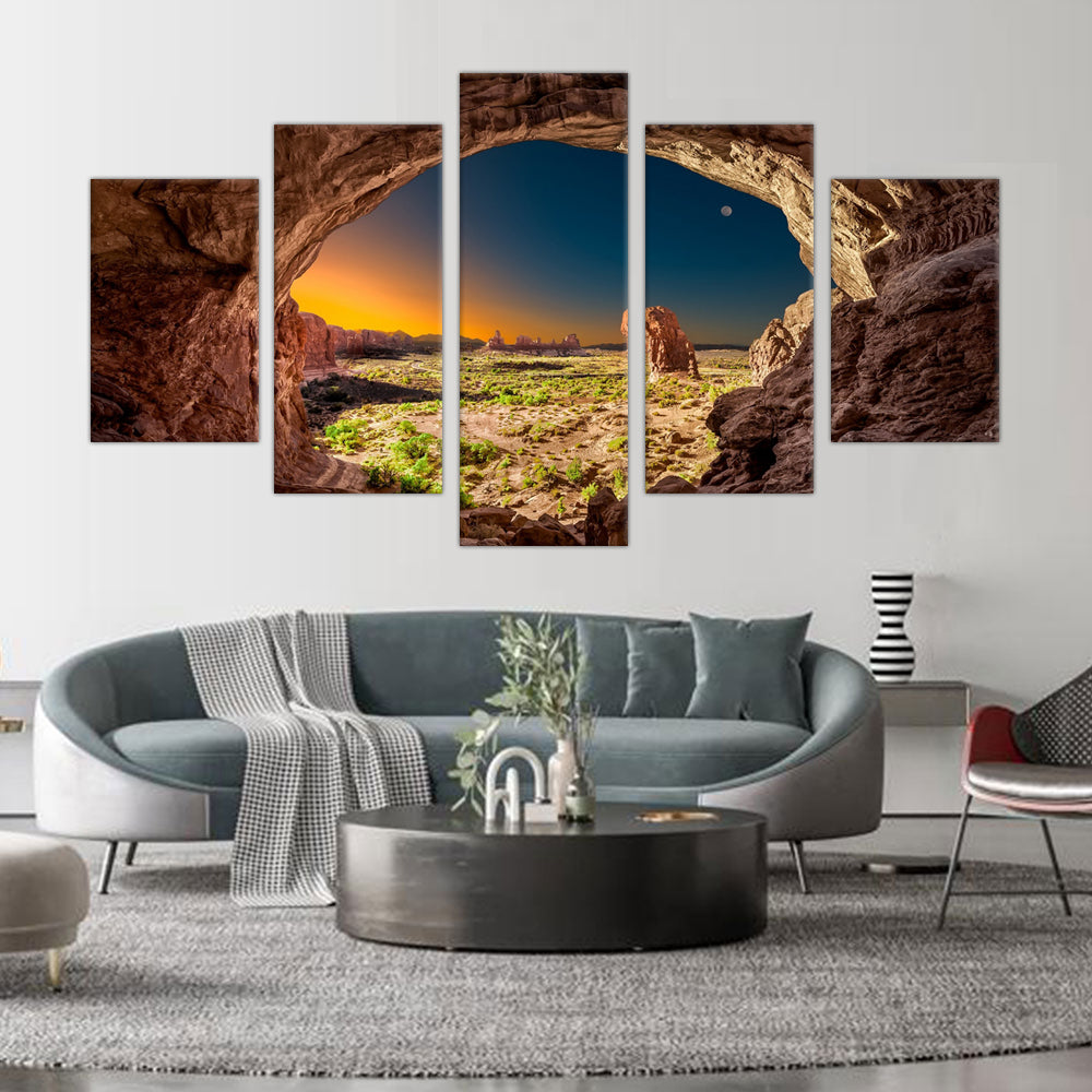 Desert Sunrise Through the Arch: 5-Piece Canyon Landscape Canvas Wall Art Set