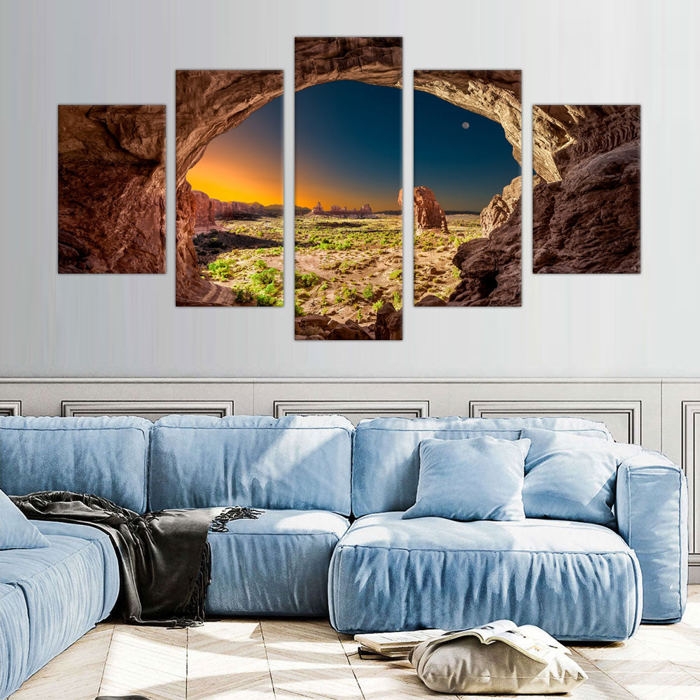 Desert Sunrise Through the Arch: 5-Piece Canyon Landscape Canvas Wall Art Set