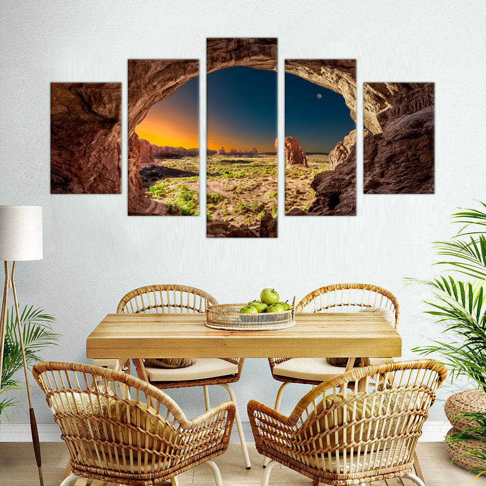 Desert Sunrise Through the Arch: 5-Piece Canyon Landscape Canvas Wall Art Set