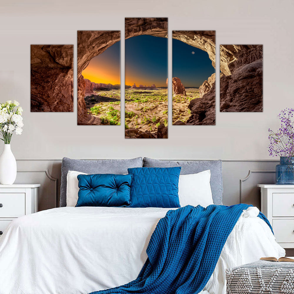 Desert Sunrise Through the Arch: 5-Piece Canyon Landscape Canvas Wall Art Set