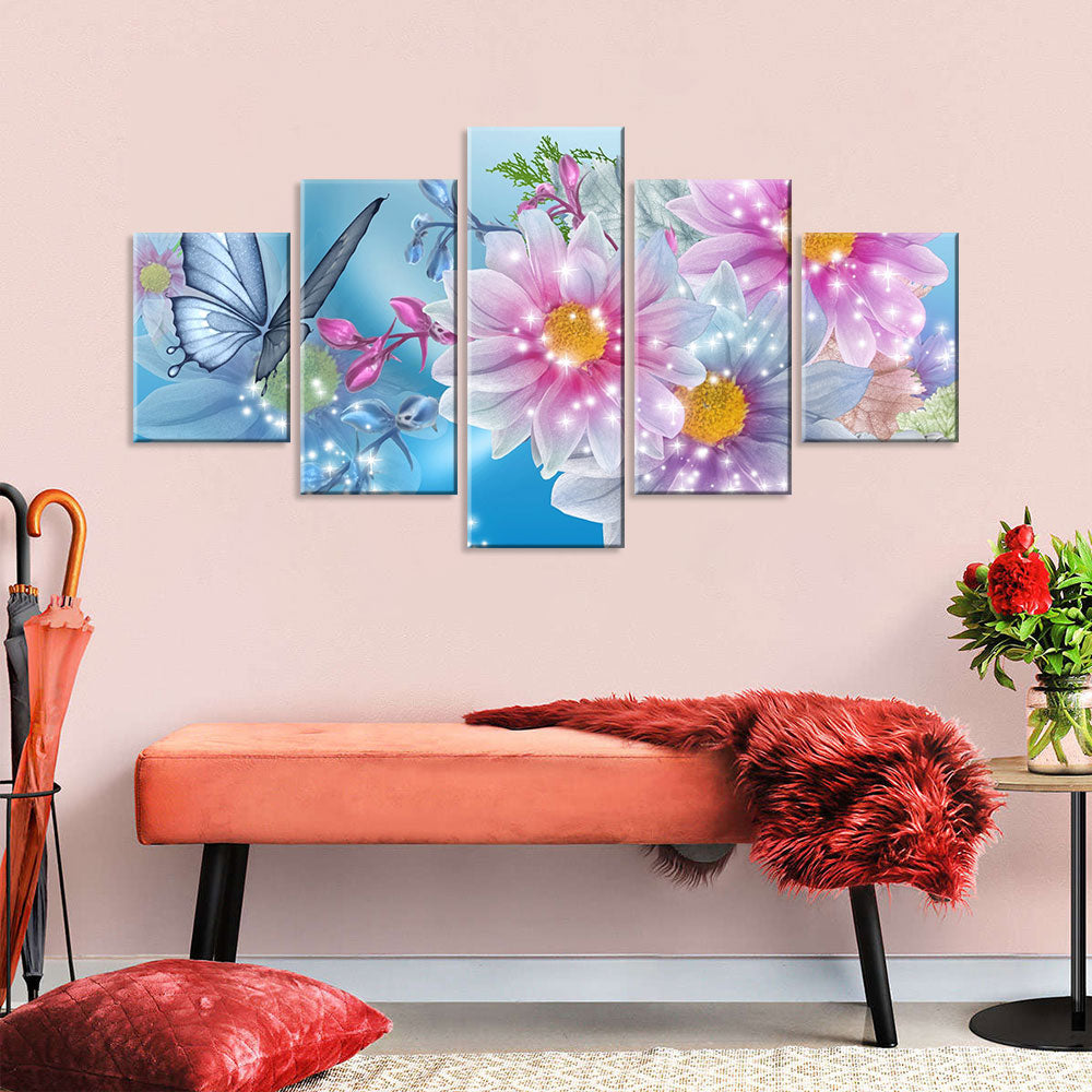 Blue Butterfly with Pink Flowers Canvas Wall Art