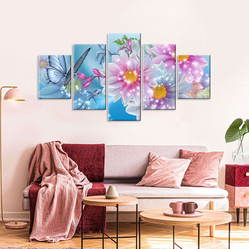 Blue Butterfly with Pink Flowers Canvas Wall Art