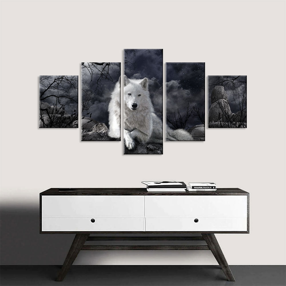 White Wolf in Dark Night Canvas Wall Art