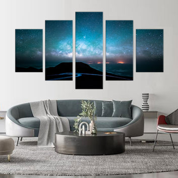 Starry Night Over Mountain Ridge: 5-Piece Cosmic Landscape Canvas Wall Art Set