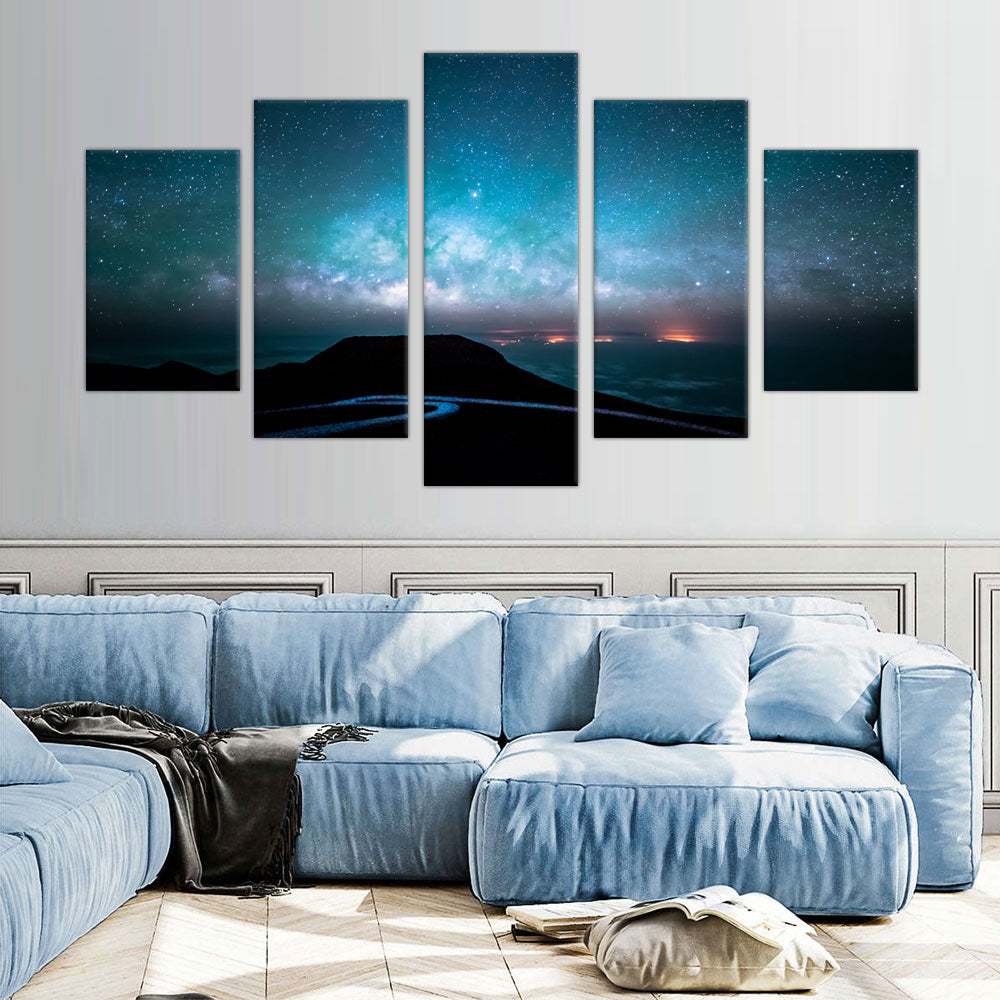 Starry Night Over Mountain Ridge: 5-Piece Cosmic Landscape Canvas Wall Art Set