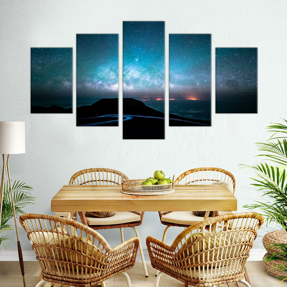 Starry Night Over Mountain Ridge: 5-Piece Cosmic Landscape Canvas Wall Art Set