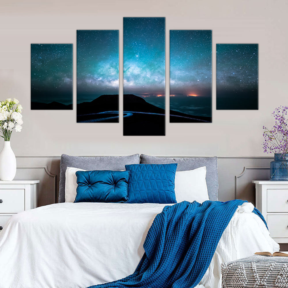 Starry Night Over Mountain Ridge: 5-Piece Cosmic Landscape Canvas Wall Art Set