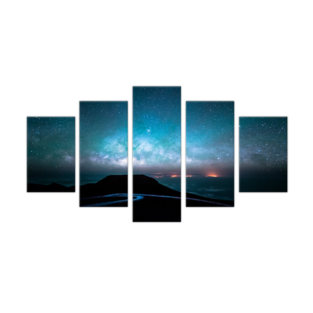 Starry Night Over Mountain Ridge: 5-Piece Cosmic Landscape Canvas Wall Art Set