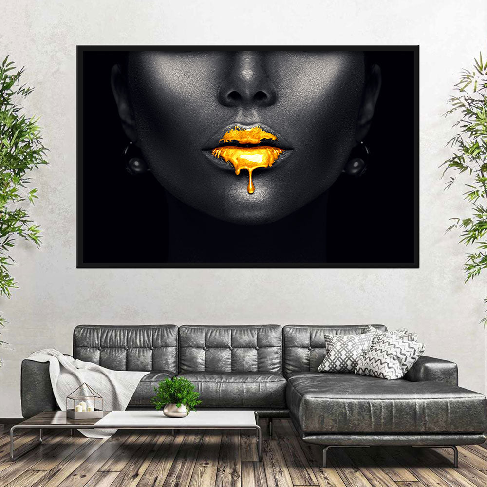 Gold Paint Drips from Sexy Lips Canvas Wall Art