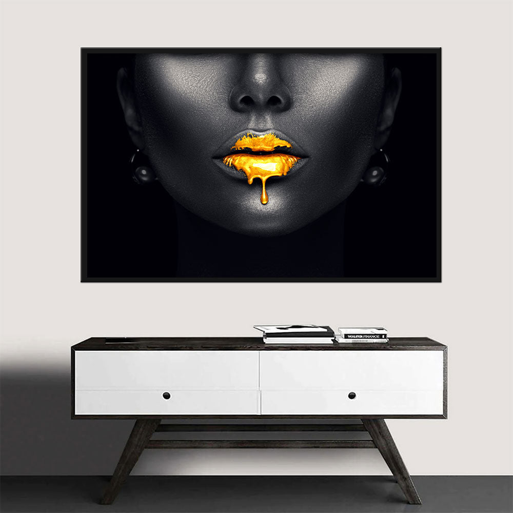 Gold Paint Drips from Sexy Lips Canvas Wall Art