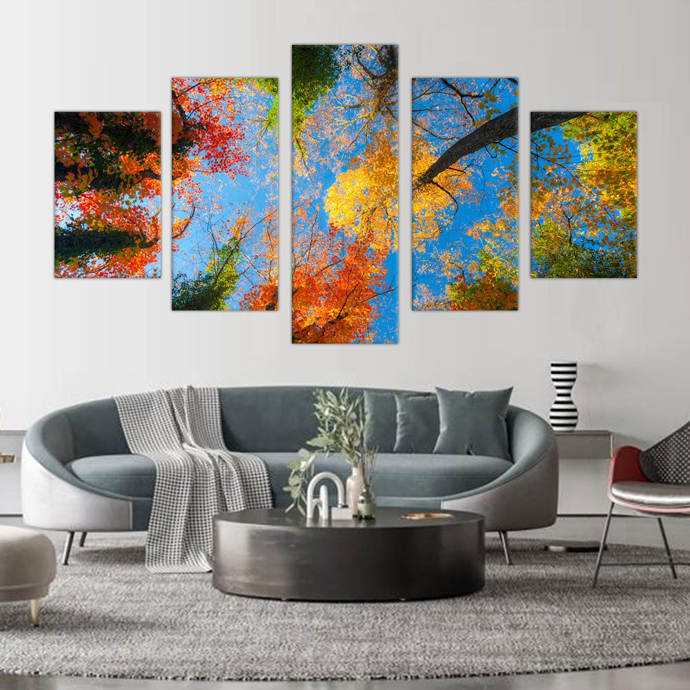 Autumn Leaves Canopy: 5-Piece Colorful Tree Tops Canvas Wall Art Set