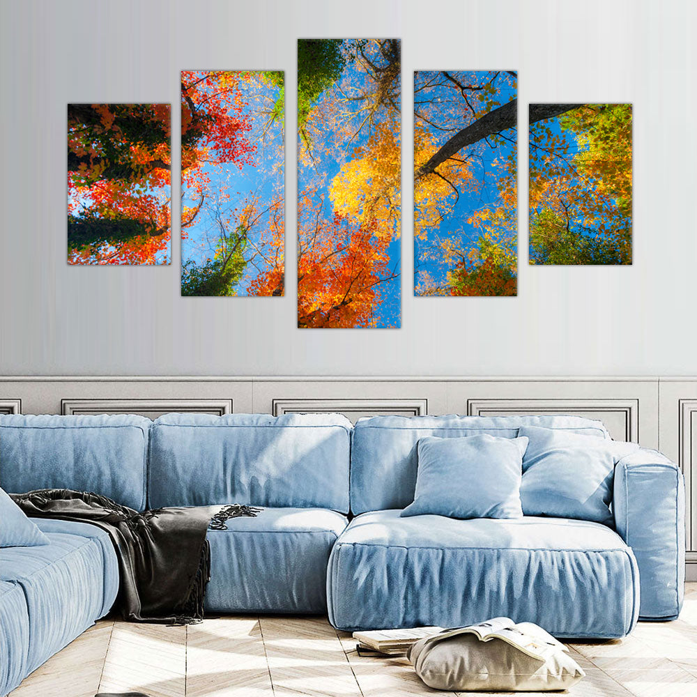 Autumn Leaves Canopy: 5-Piece Colorful Tree Tops Canvas Wall Art Set