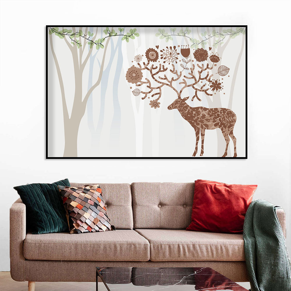 Whimsical Deer in Floral Forest Canvas Wall Art