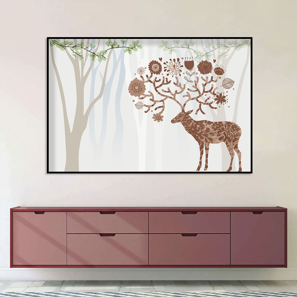 Whimsical Deer in Floral Forest Canvas Wall Art