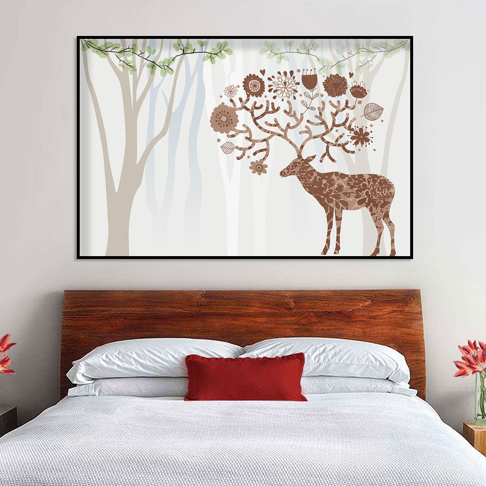 Whimsical Deer in Floral Forest Canvas Wall Art