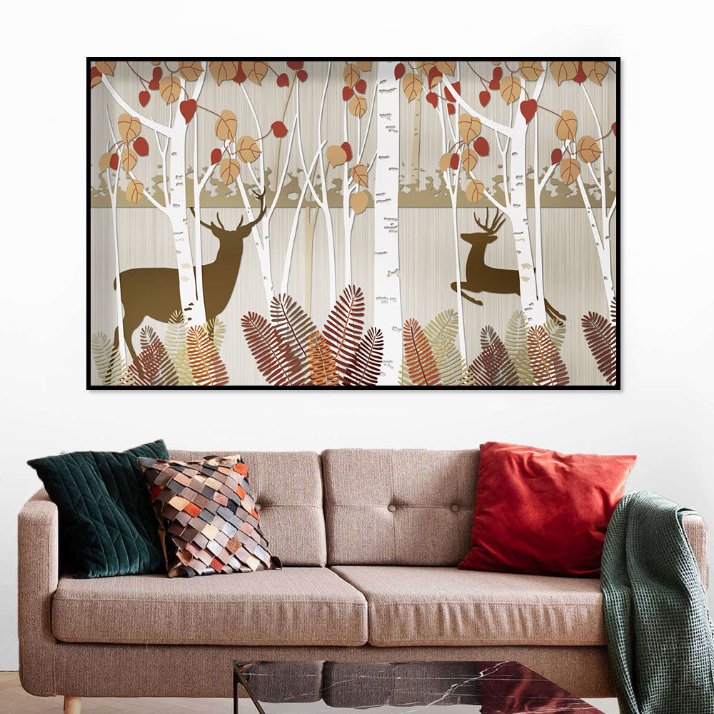 Autumn Deer in Birch Forest Canvas Wall Art