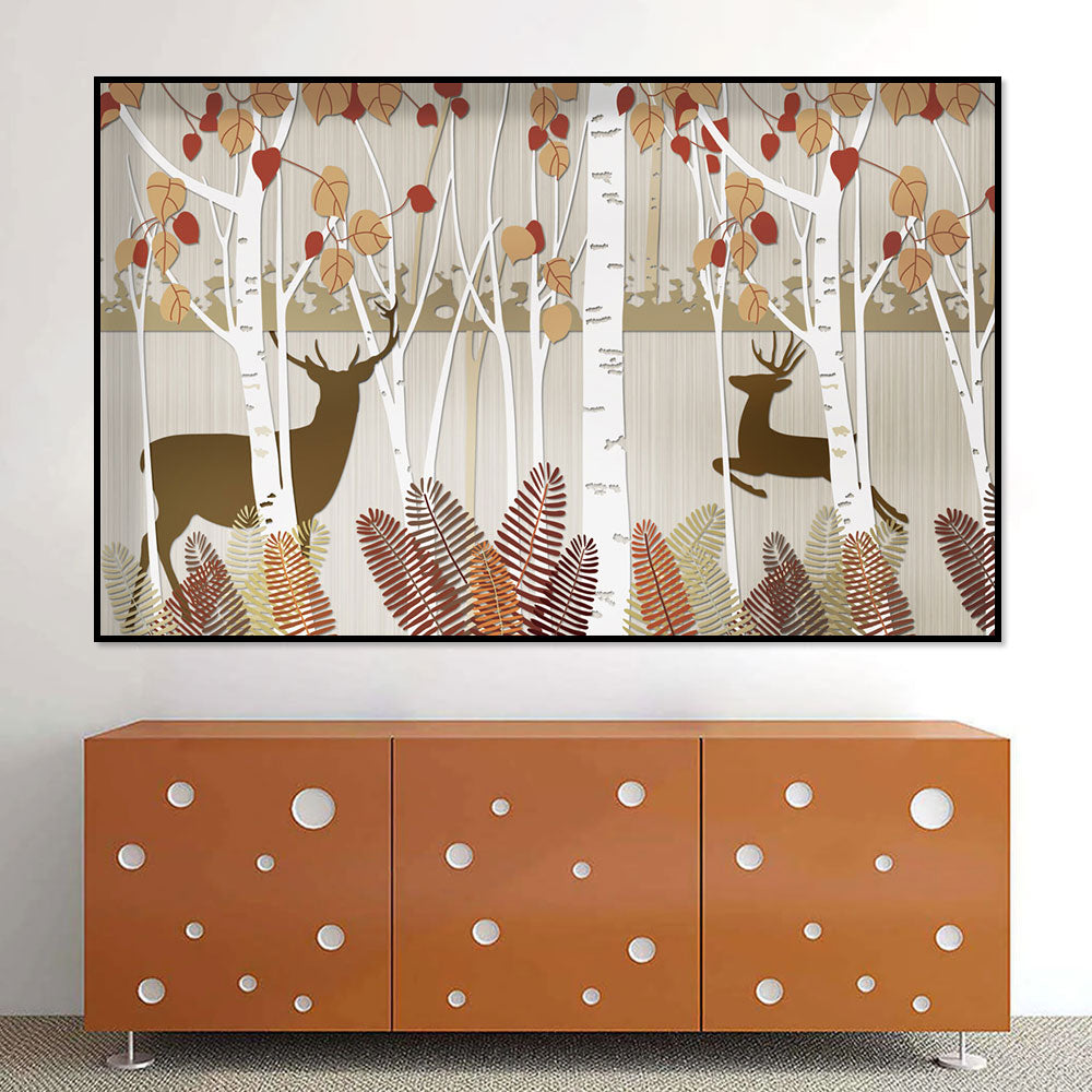 Autumn Deer in Birch Forest Canvas Wall Art