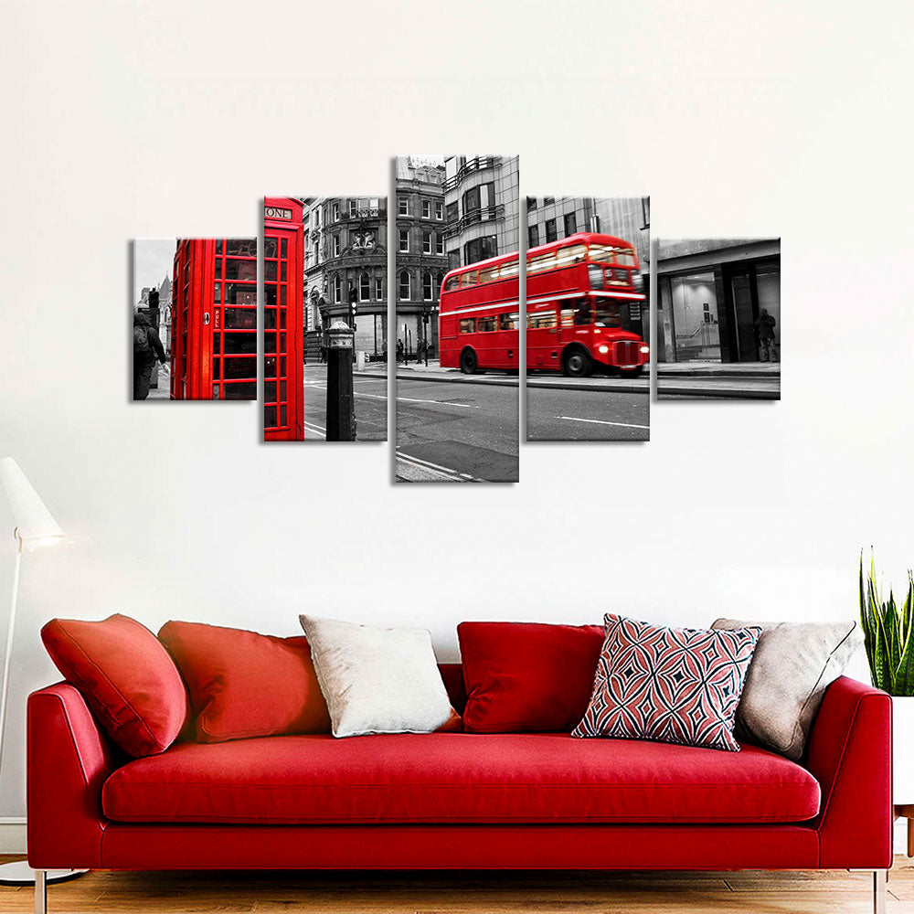 Red bus in London street canvas wall art