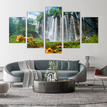 Majestic Waterfall: 5-Piece Nature Landscape Canvas Wall Art Set