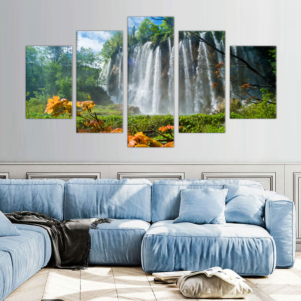 Majestic Waterfall: 5-Piece Nature Landscape Canvas Wall Art Set