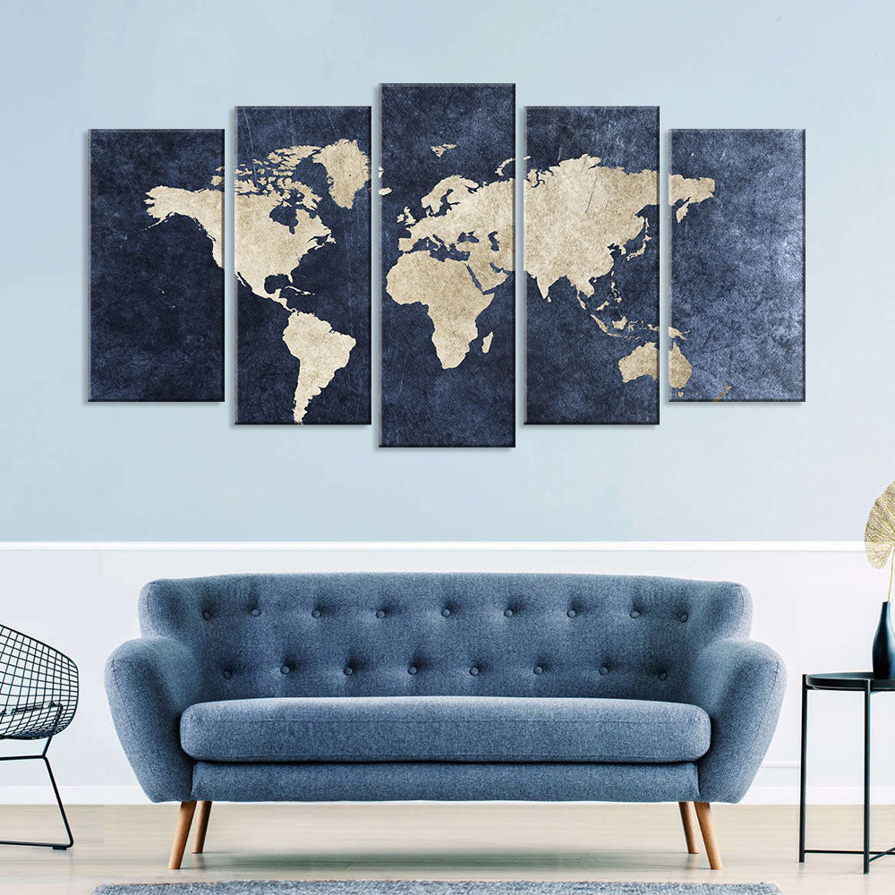 5 Piece Grunge World Map Canvas Wall Art