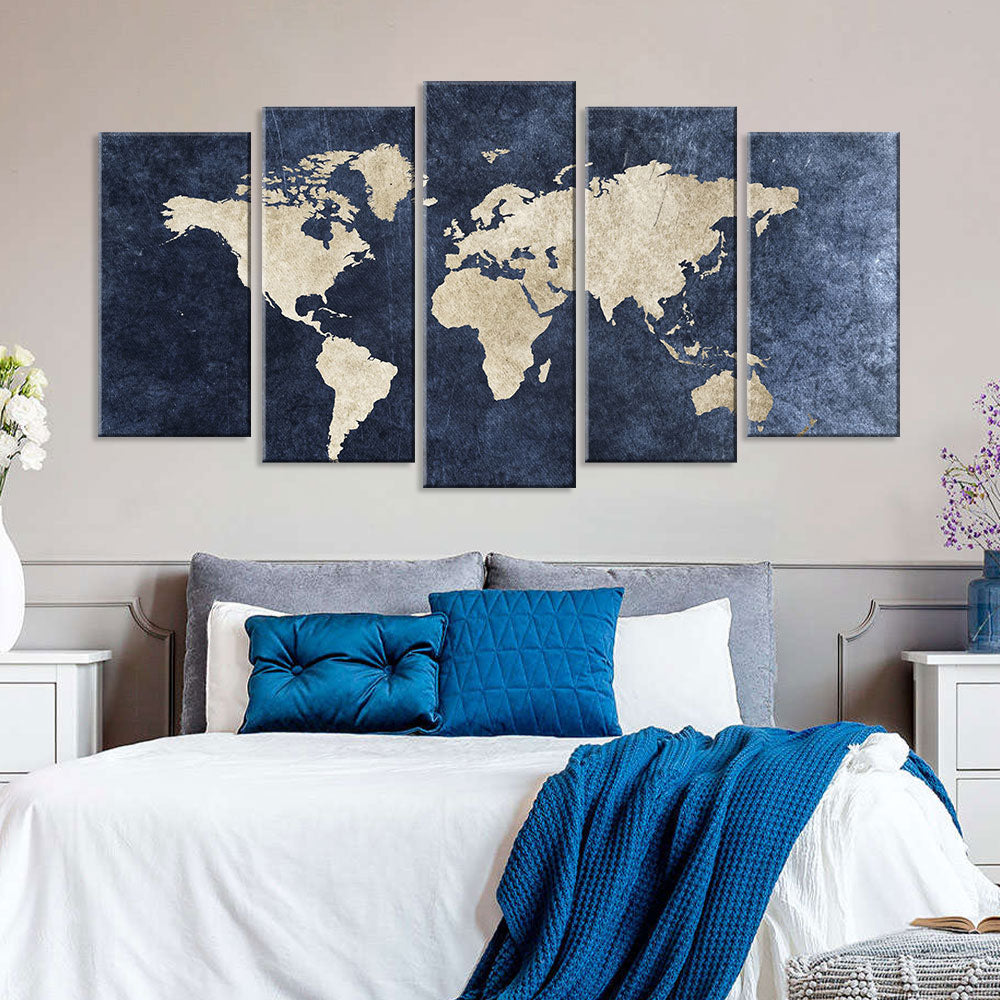 5 Piece Grunge World Map Canvas Wall Art