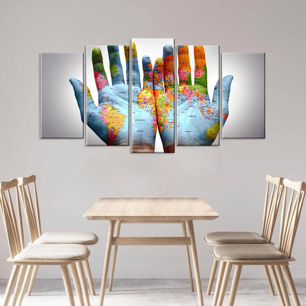 5 Piece World Map on Hands Canvas Wall Art