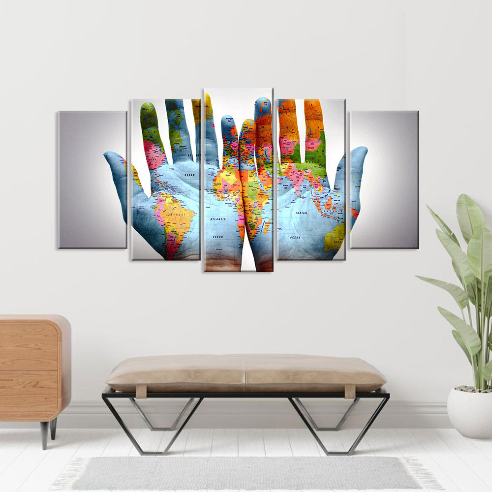 5 Piece World Map on Hands Canvas Wall Art