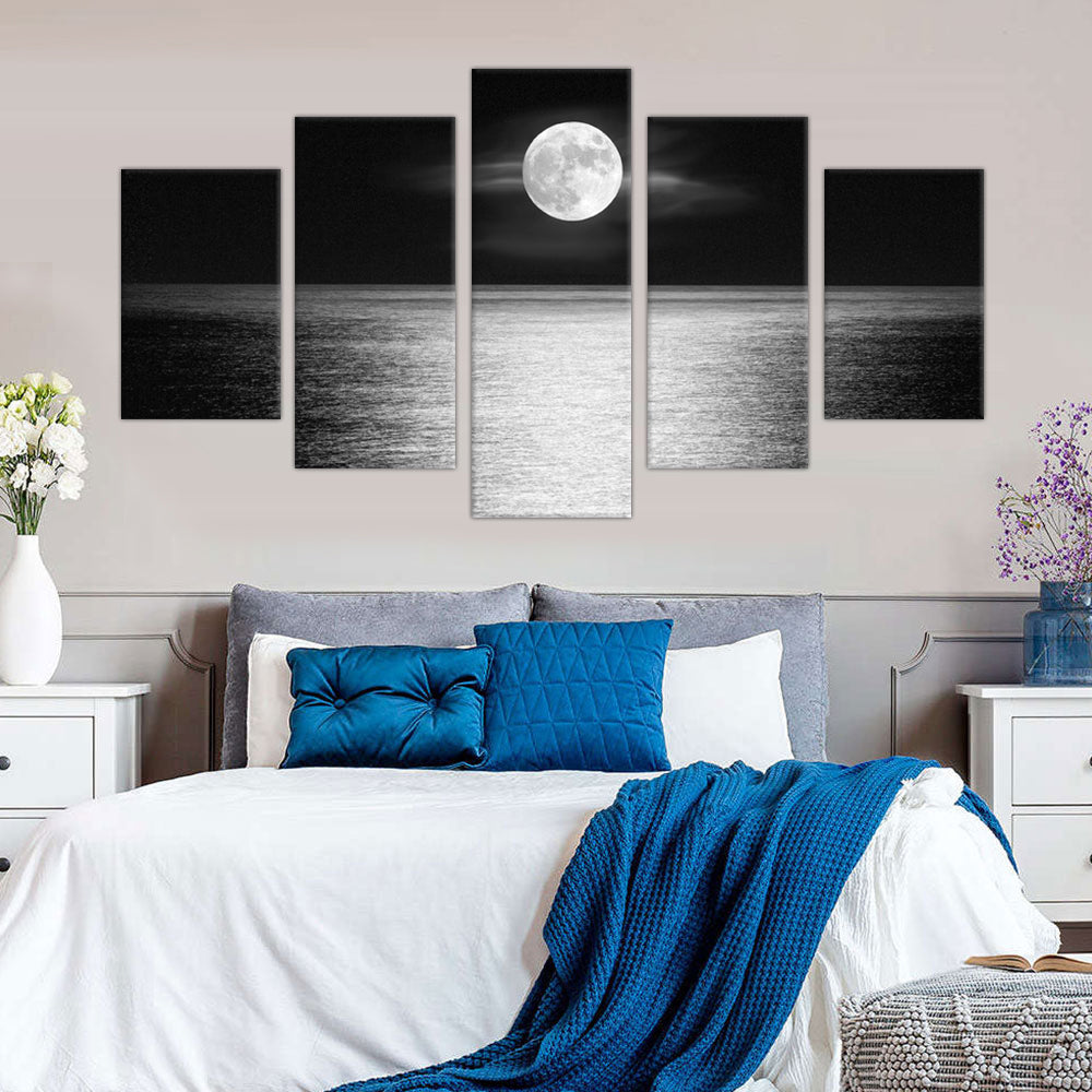 5-Piece Black and White Full Moon Over the Ocean Canvas Wall Art