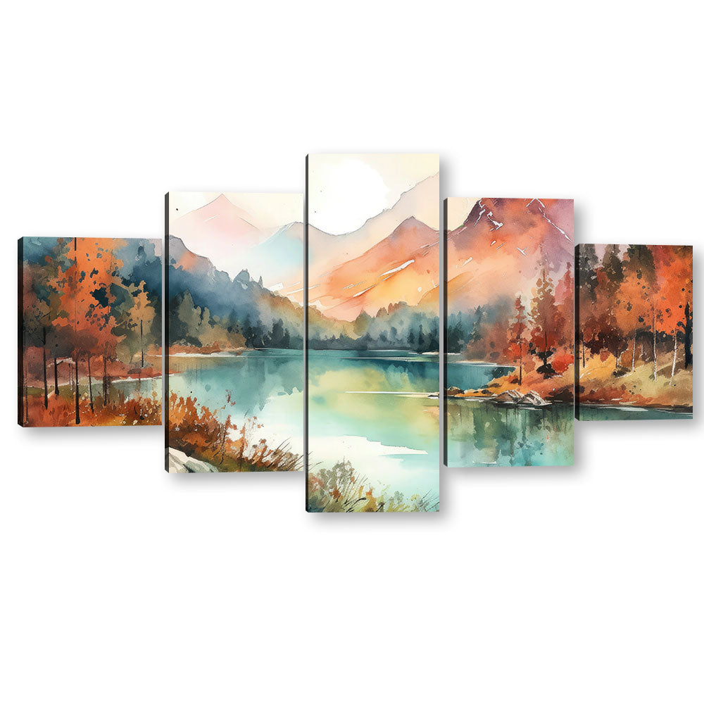 Watercolor Mountain and Lake View Canvas Wall Art