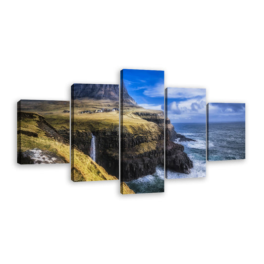 Waterfall Off the Coast of Faroe Island Canvas Wall Art