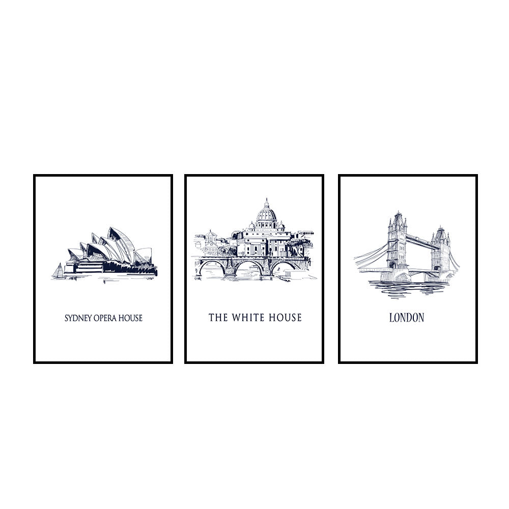 Iconic Capitals: Sydney Opera House, The White House, London Bridge 3-Piece Canvas Set