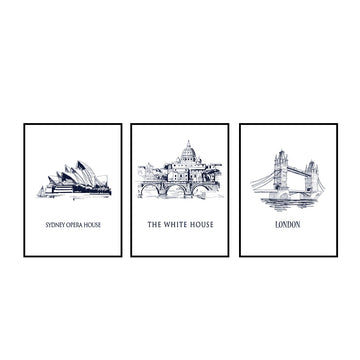 Iconic Capitals: Sydney Opera House, The White House, London Bridge 3-Piece Canvas Set