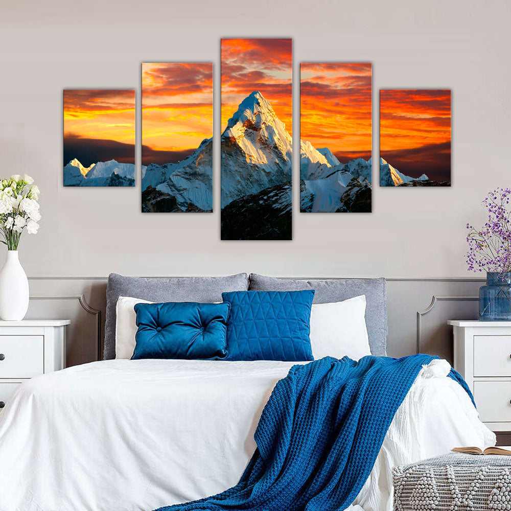 Sunset Over Ama Dablam: 5-Piece Himalayan Mountain Canvas Wall Art