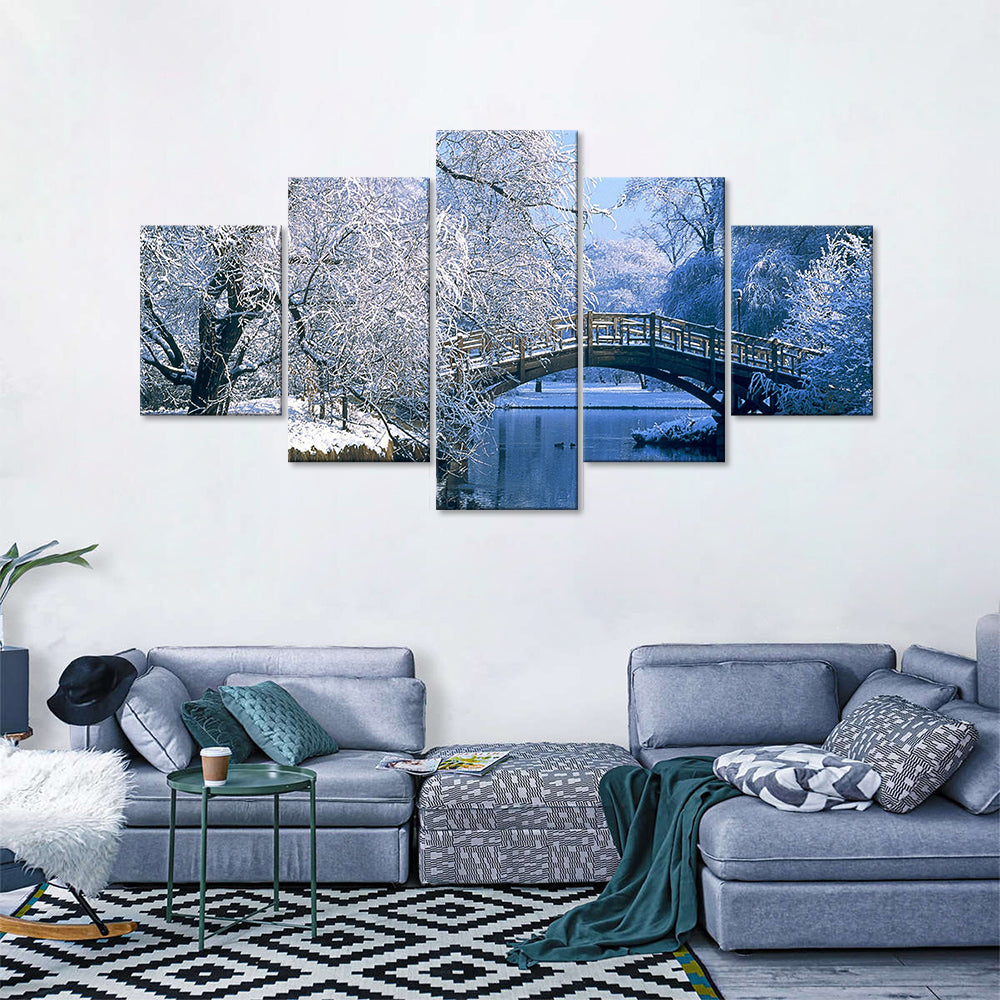 5-Piece Winter Lake Snow Bridge Canvas Wall Art