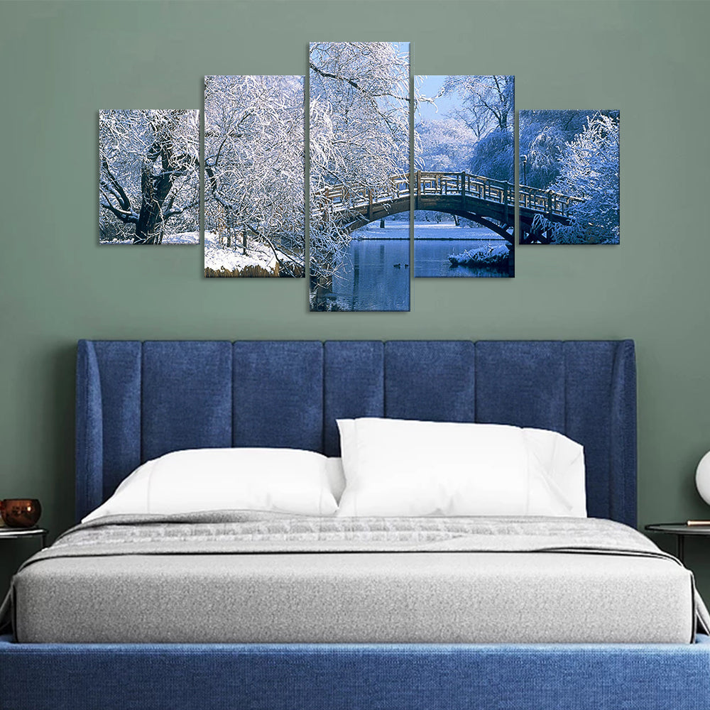 5-Piece Winter Lake Snow Bridge Canvas Wall Art