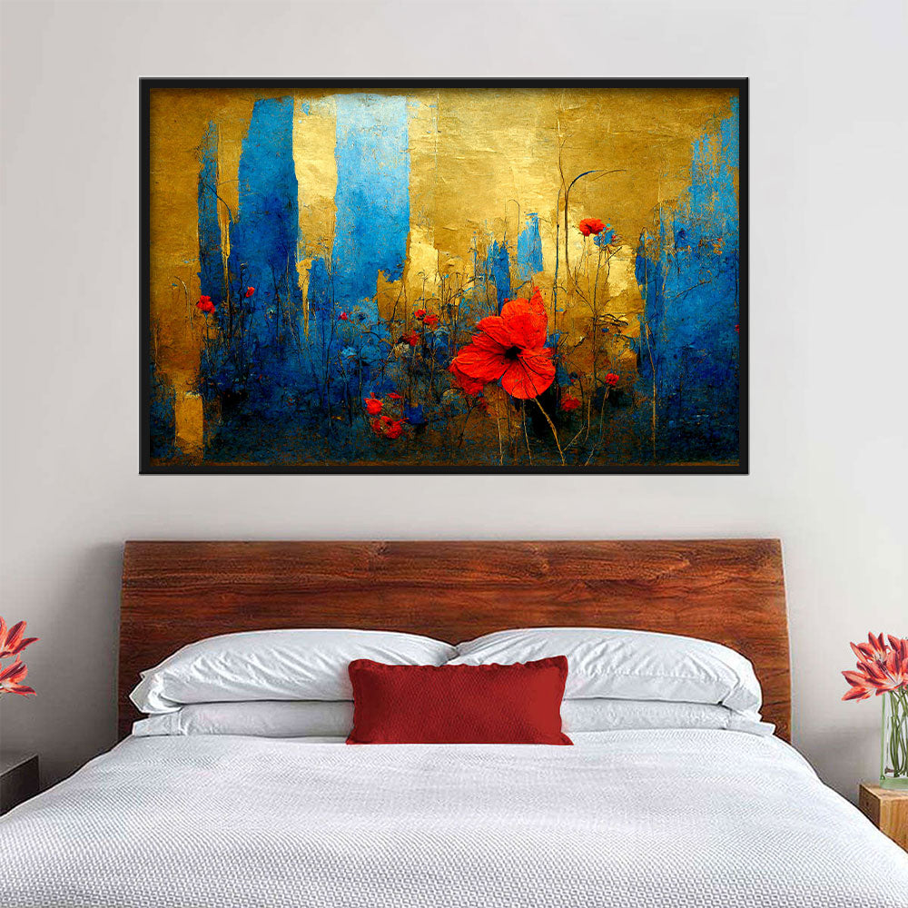 Red Flower in Gold and Blue Background Canvas Wall Art