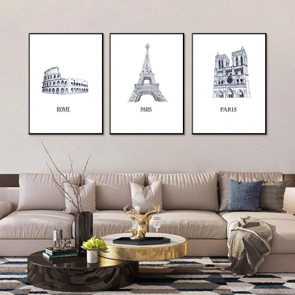 European Classics: Rome Colosseum, Eiffel Tower, Notre-Dame 3-Piece Canvas Set