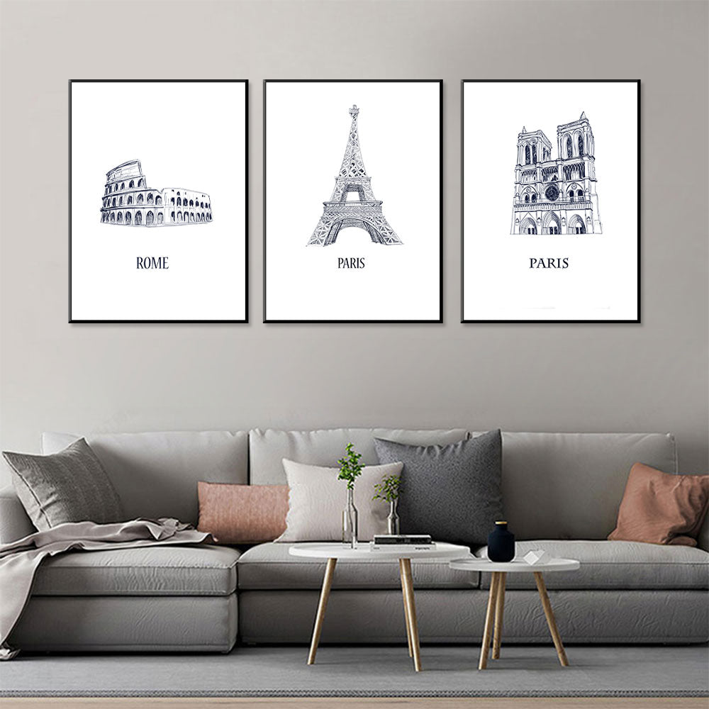 European Classics: Rome Colosseum, Eiffel Tower, Notre-Dame 3-Piece Canvas Set