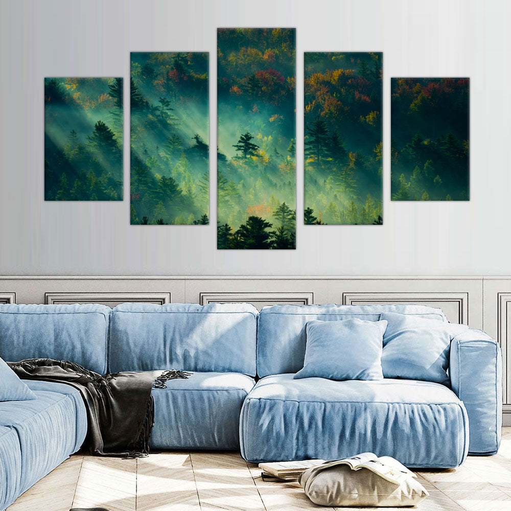 5-Piece Misty Forest Sunrise Canvas Wall Art