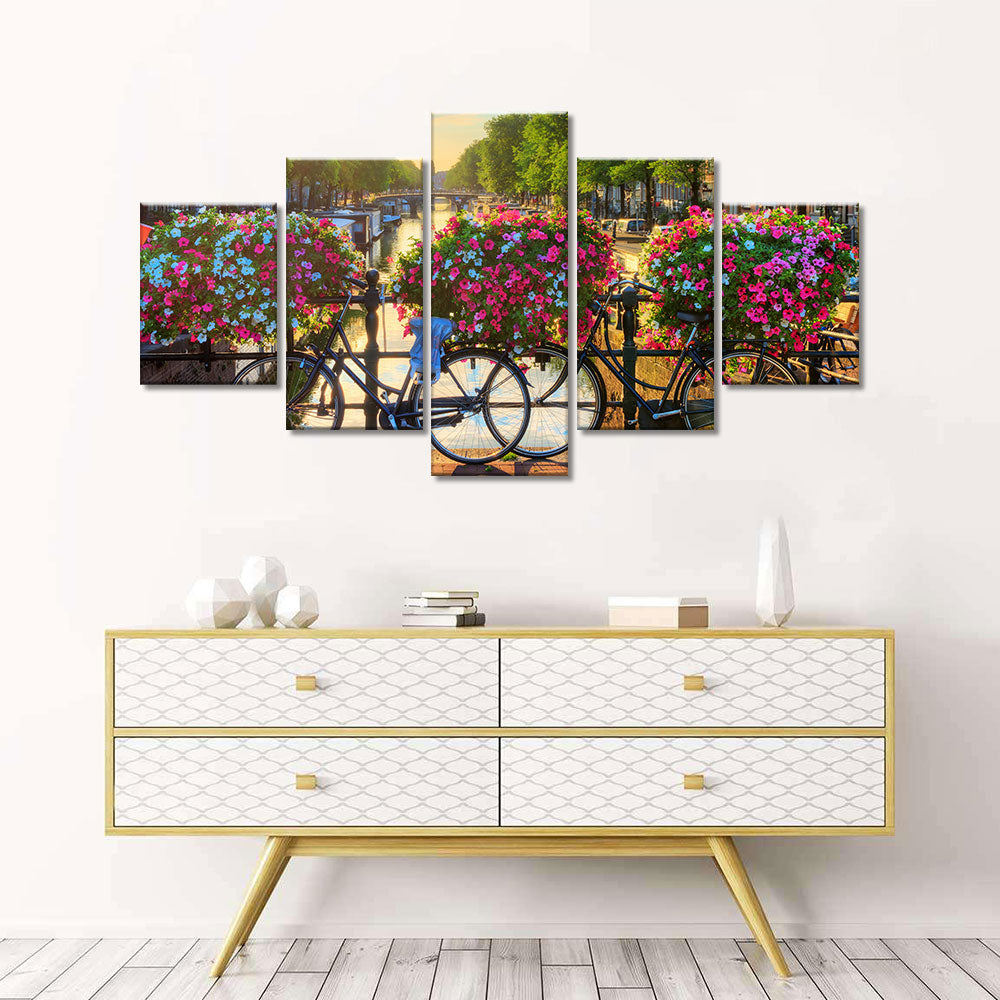 Bicycles and flowers in Amsterdam street canvas wall art