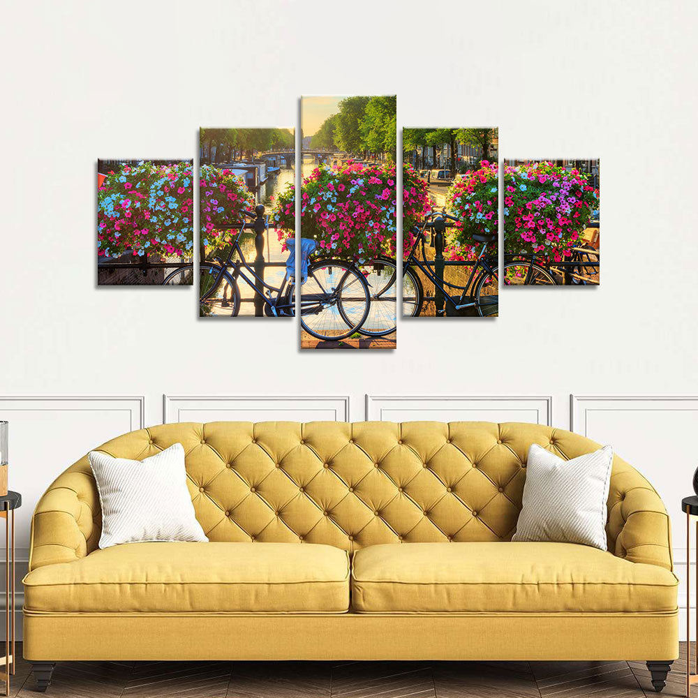 Bicycles and flowers in Amsterdam street canvas wall art