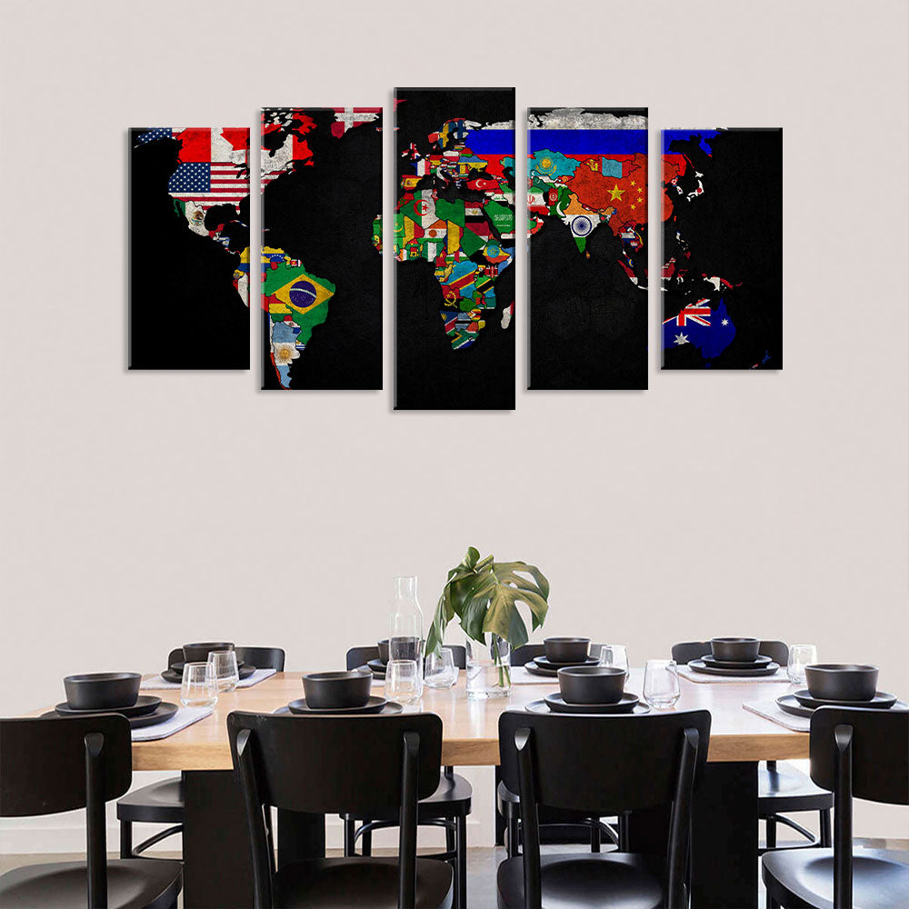 5 Piece World Map with Flags Canvas Wall Art