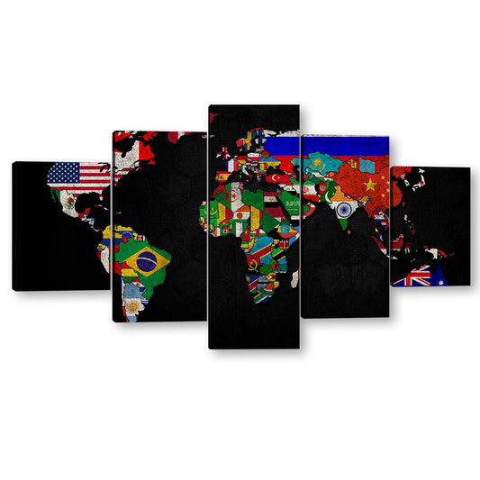 5 Piece World Map with Flags Canvas Wall Art
