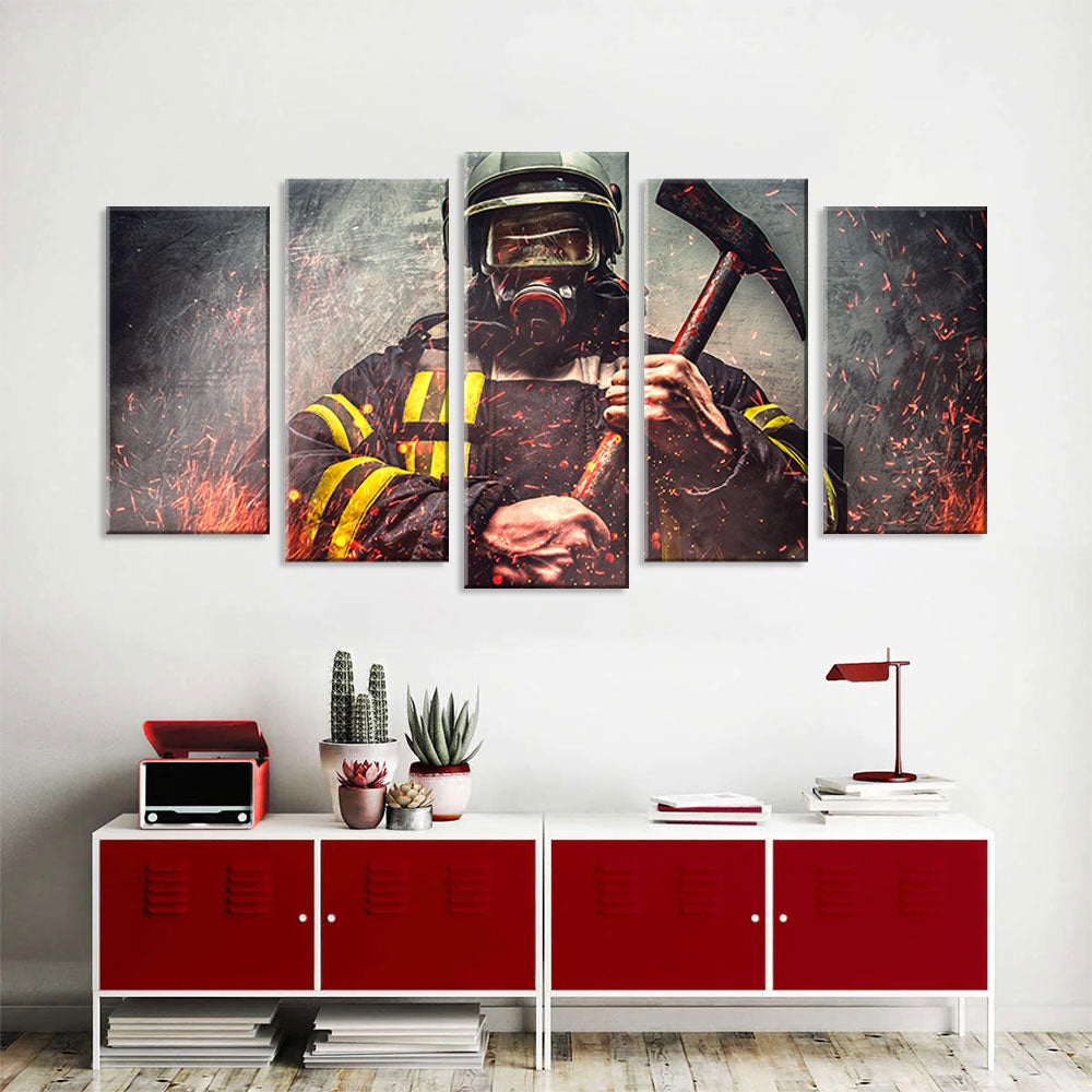5 Piece Firefighter with Axe in Fire Canvas Wall Art