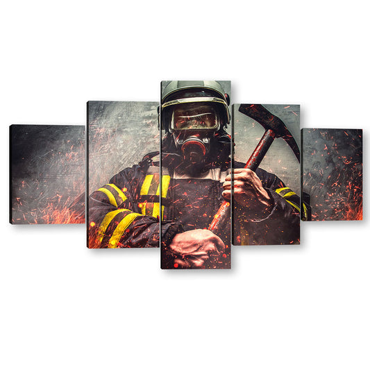 5 Piece Firefighter with Axe in Fire Canvas Wall Art