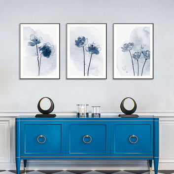 3-Piece Blue Floral Watercolor Canvas Wall Art