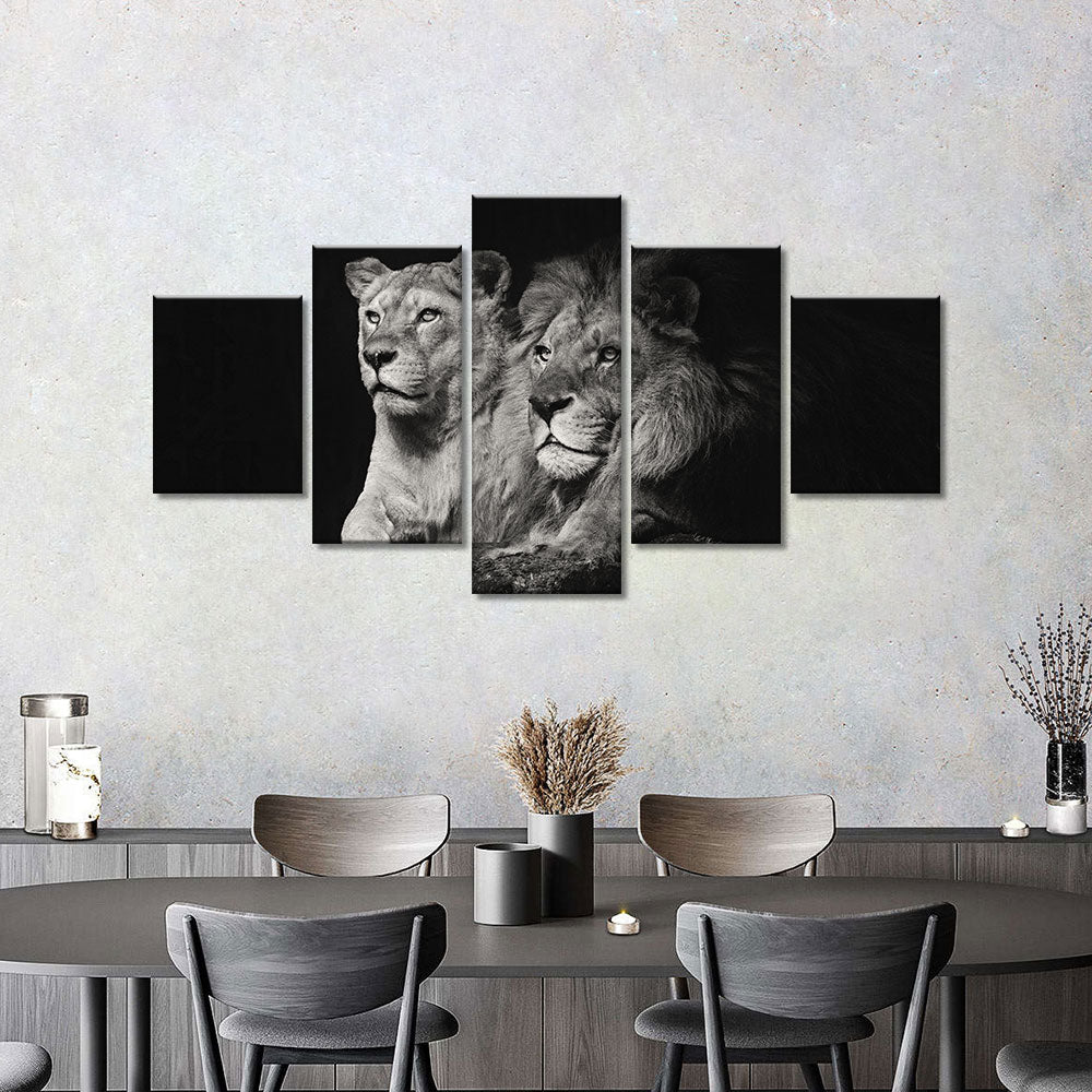 Black and white lion couple canvas wall art