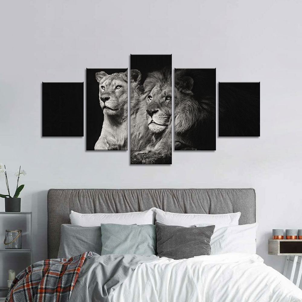 Black and white lion couple canvas wall art